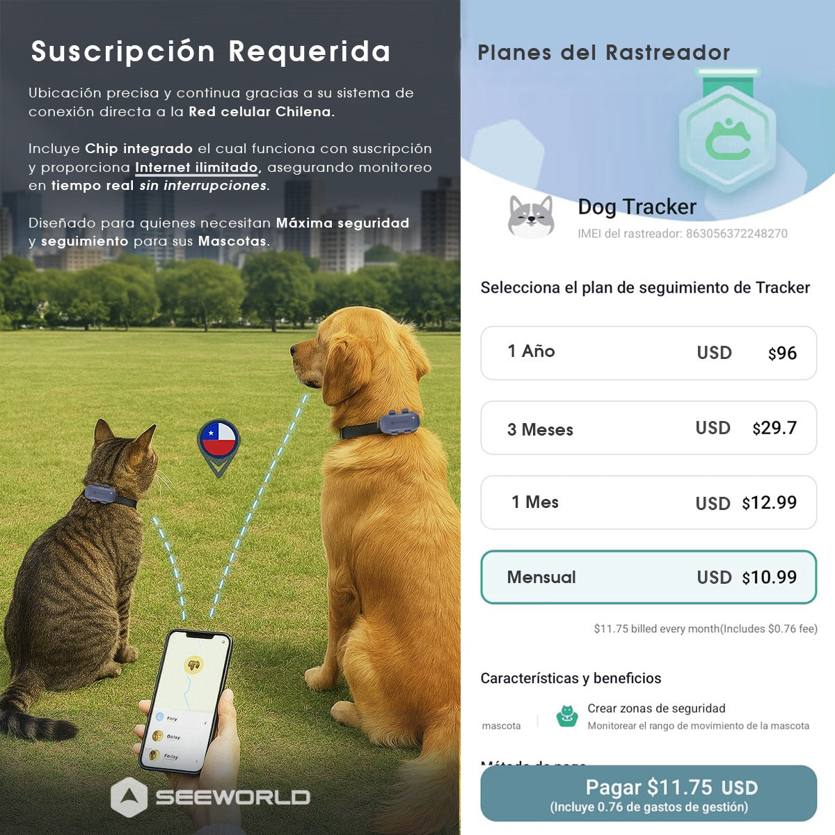 Collar SeeWorld Gps Rastreador Para Perro Gato Alerta Tiempo Real 4G
